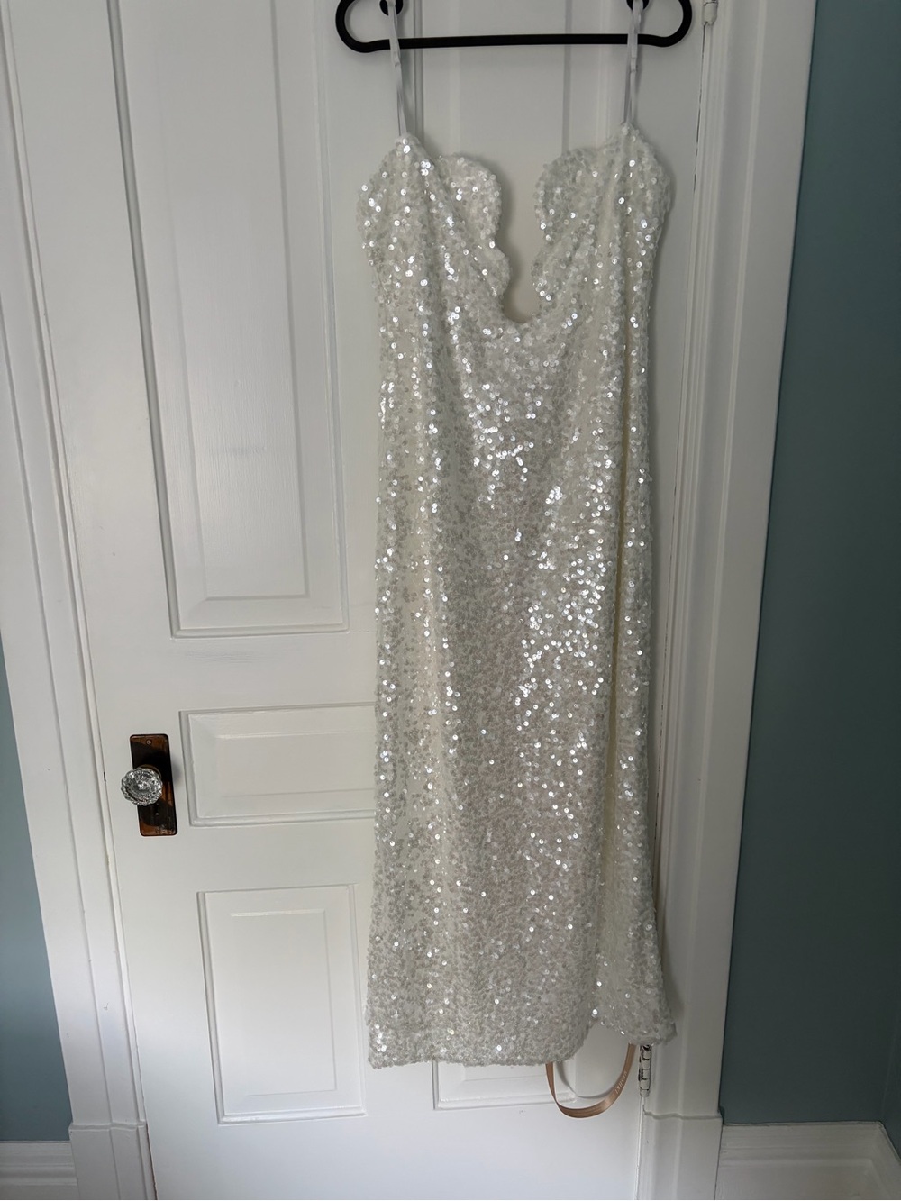 Meshki White Sequin Bridal Column Dress with Plunging Notch Neckline